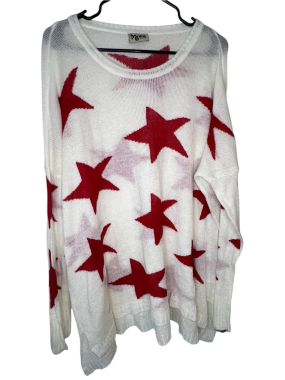 Show Me Your Mumu Red And White Star Knit Slouchy Long Sleeve Pullover Sweater